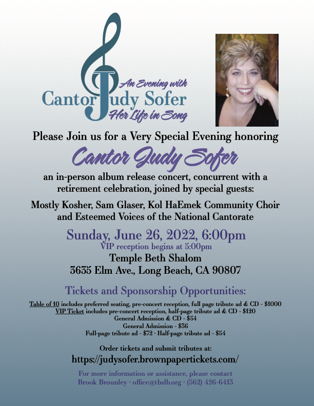 An Evening With Cantor Judy Sofer, Her Life in Song